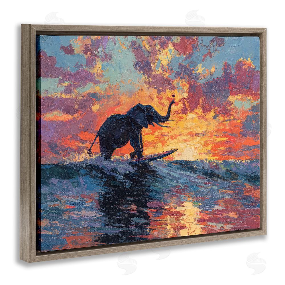 Ziwei Li Sunset Surf Elephant Brown Floating Frame Canvas Wall Art Print