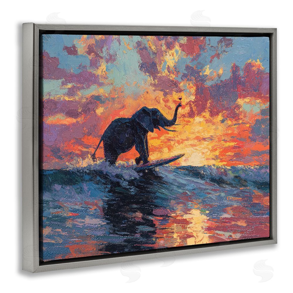 Ziwei Li Sunset Surf Elephant Gray Floating Frame Canvas Wall Art Print