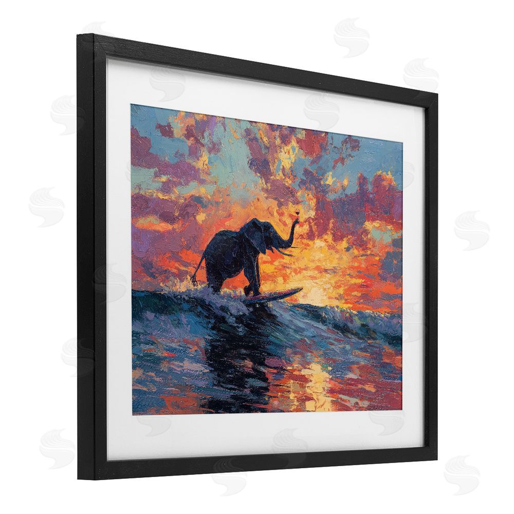 Ziwei Li Sunset Surf Elephant Black Framed Print Under Glass Wall Art