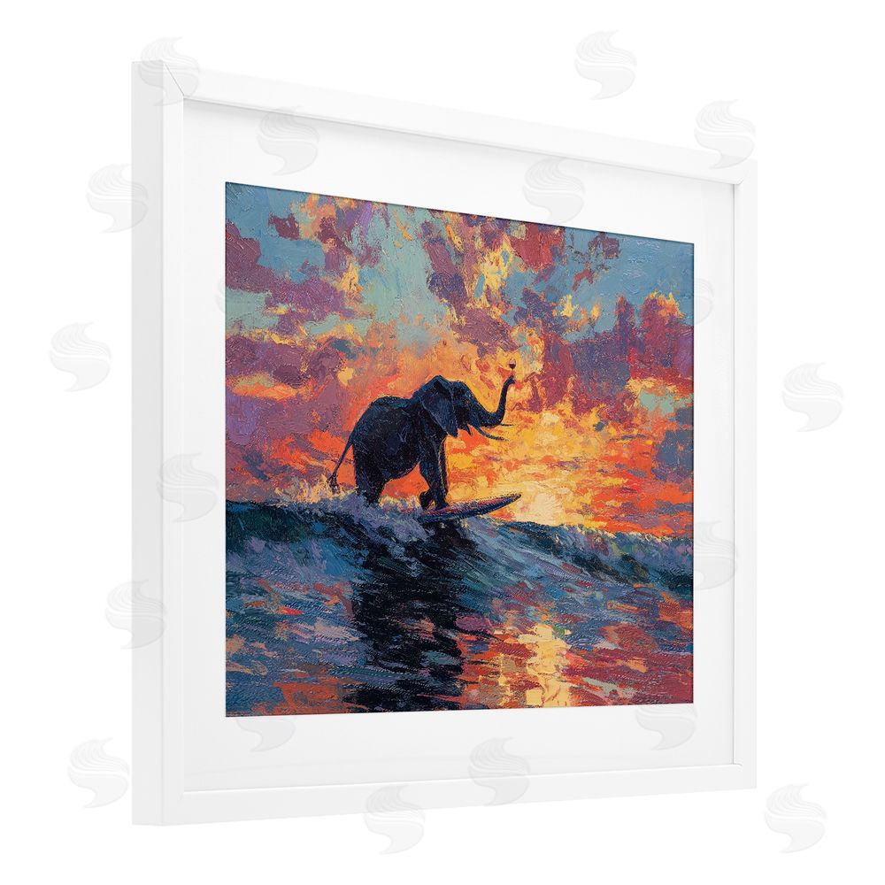 Ziwei Li Sunset Surf Elephant White Framed Print Under Glass Wall Art
