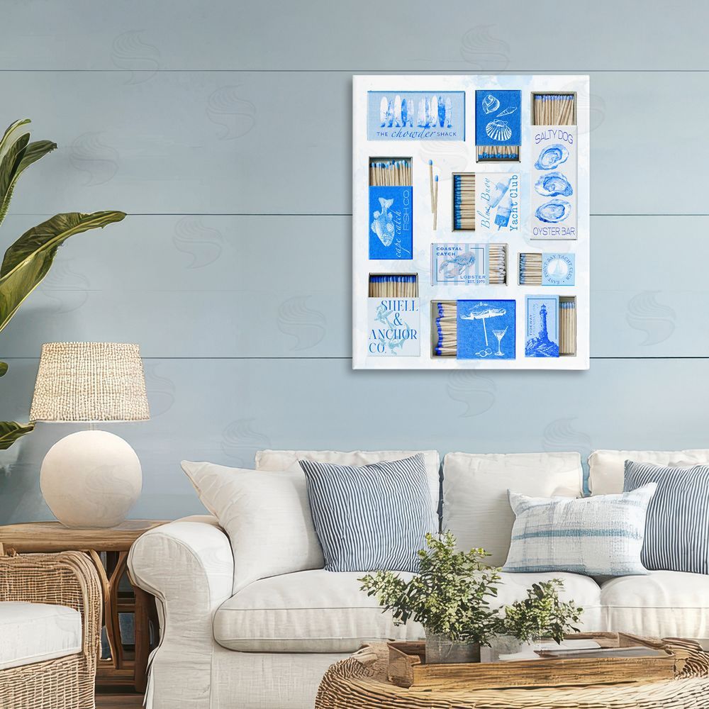 Ziwei Li Blue Coastal Matchboxes Stretched Canvas Wall Art Print in Room