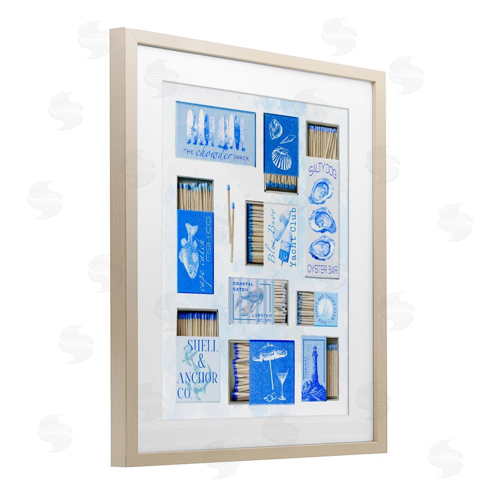 Ziwei Li Blue Coastal Matchboxes Brown Framed Print Under Glass Wall Art