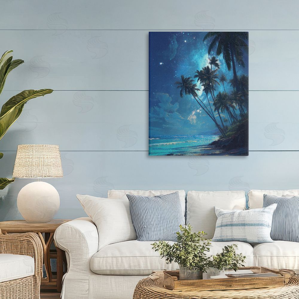 Ziwei Li Moonlit Beach Palm Trees Stretched Canvas Wall Art Print in Room