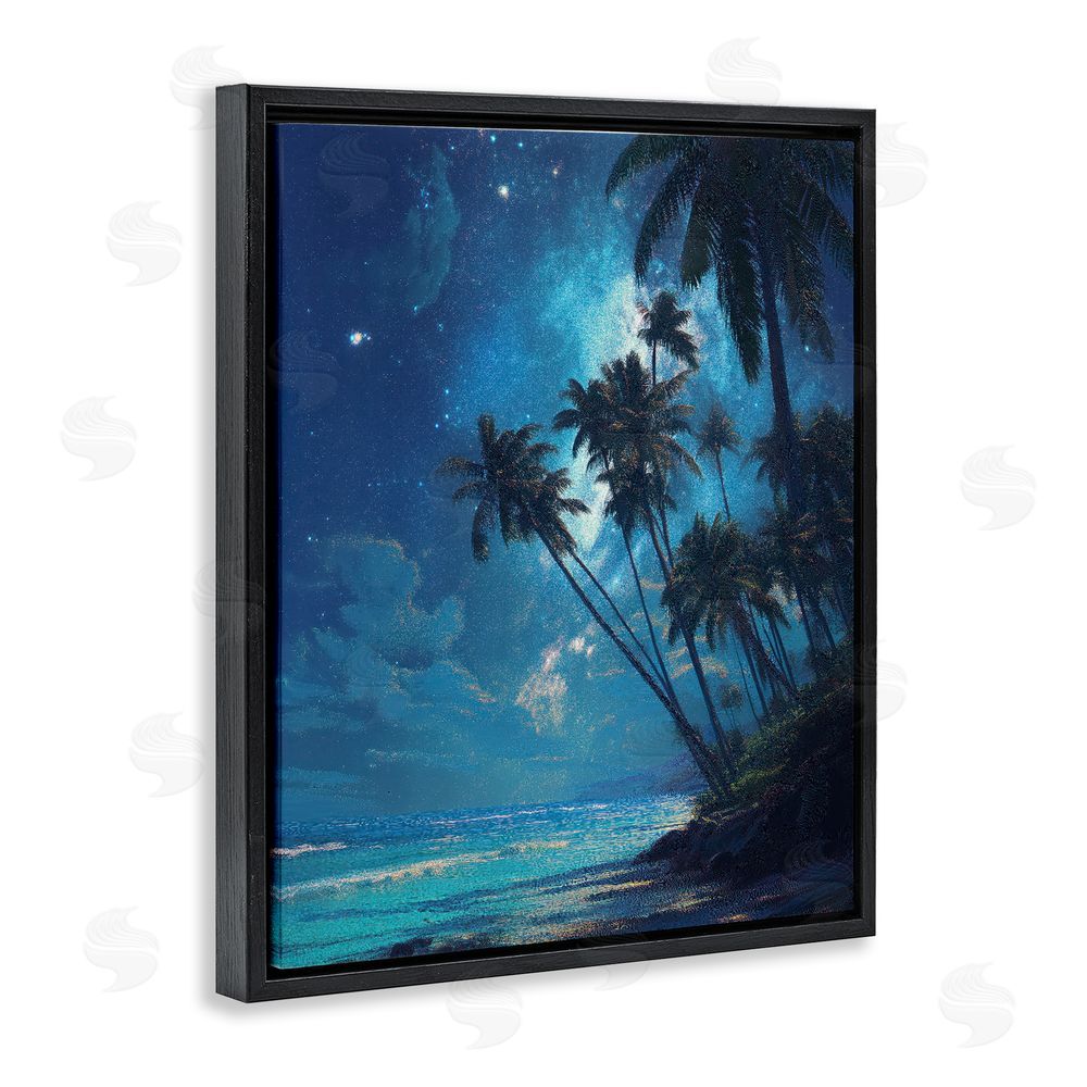 Ziwei Li Moonlit Beach Palm Trees Black Floating Frame Canvas Wall Art Print
