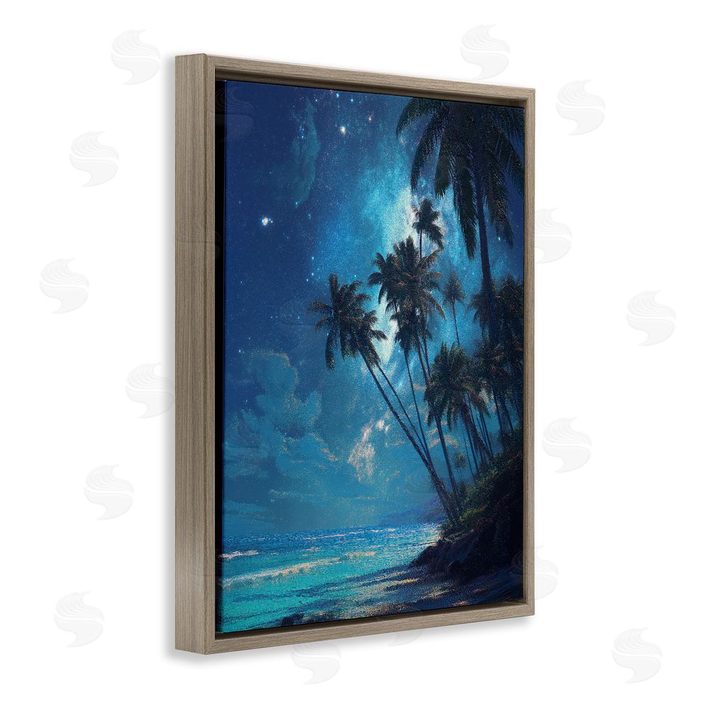 Ziwei Li Moonlit Beach Palm Trees Brown Floating Frame Canvas Wall Art Print