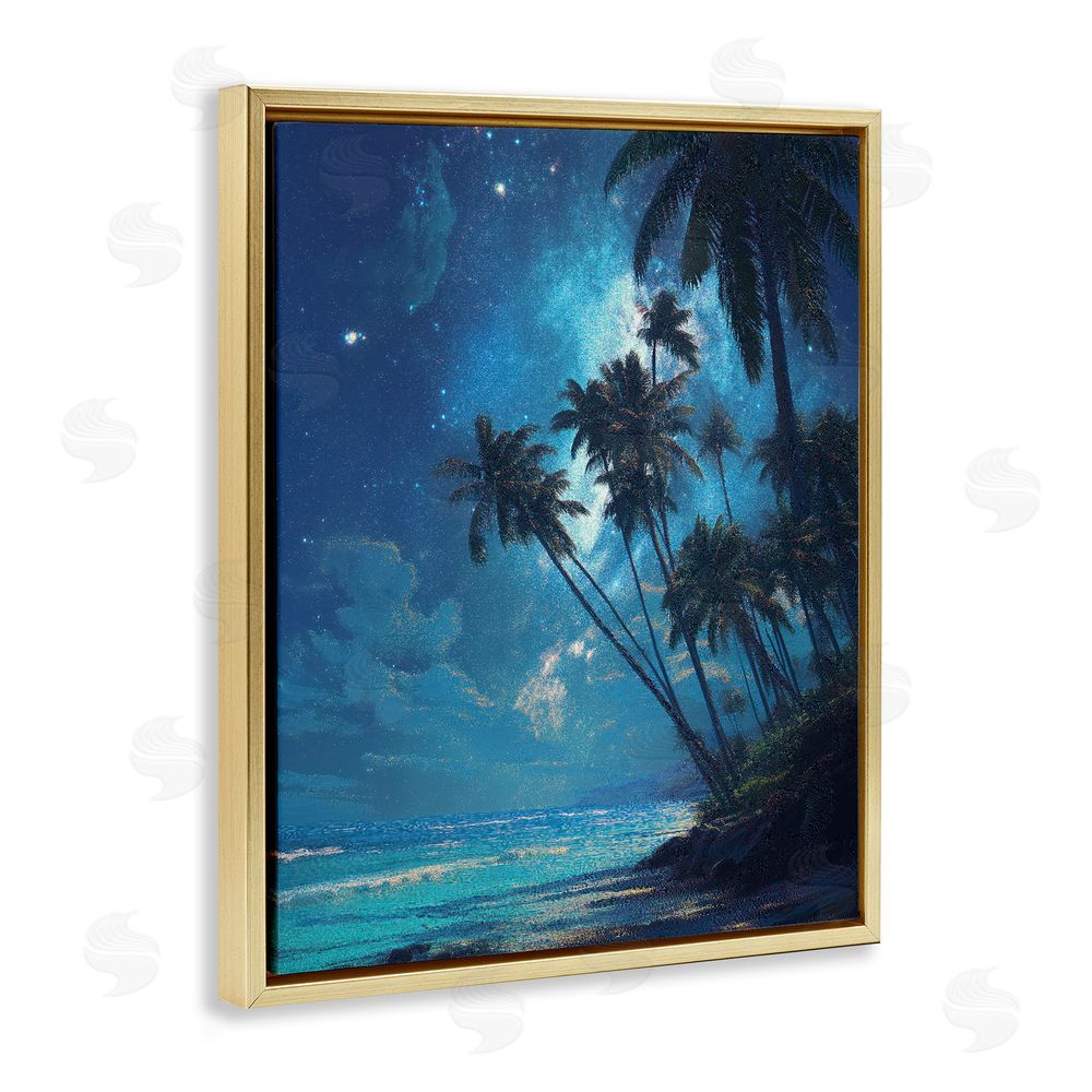 Ziwei Li Moonlit Beach Palm Trees Gold Floating Frame Canvas Wall Art Print