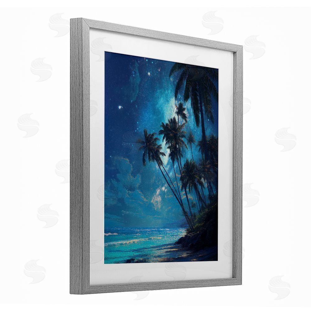 Ziwei Li Moonlit Beach Palm Trees Gray Framed Print Under Glass Wall Art