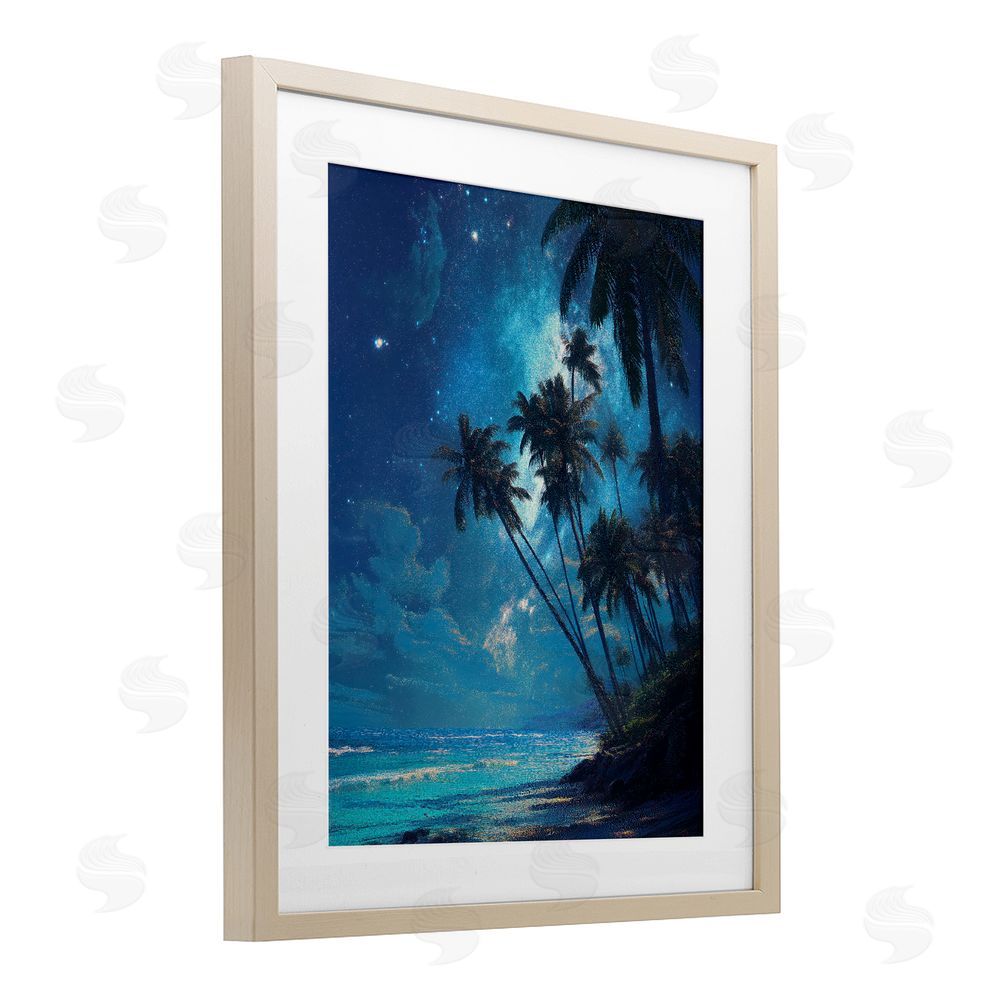 Ziwei Li Moonlit Beach Palm Trees Brown Framed Print Under Glass Wall Art