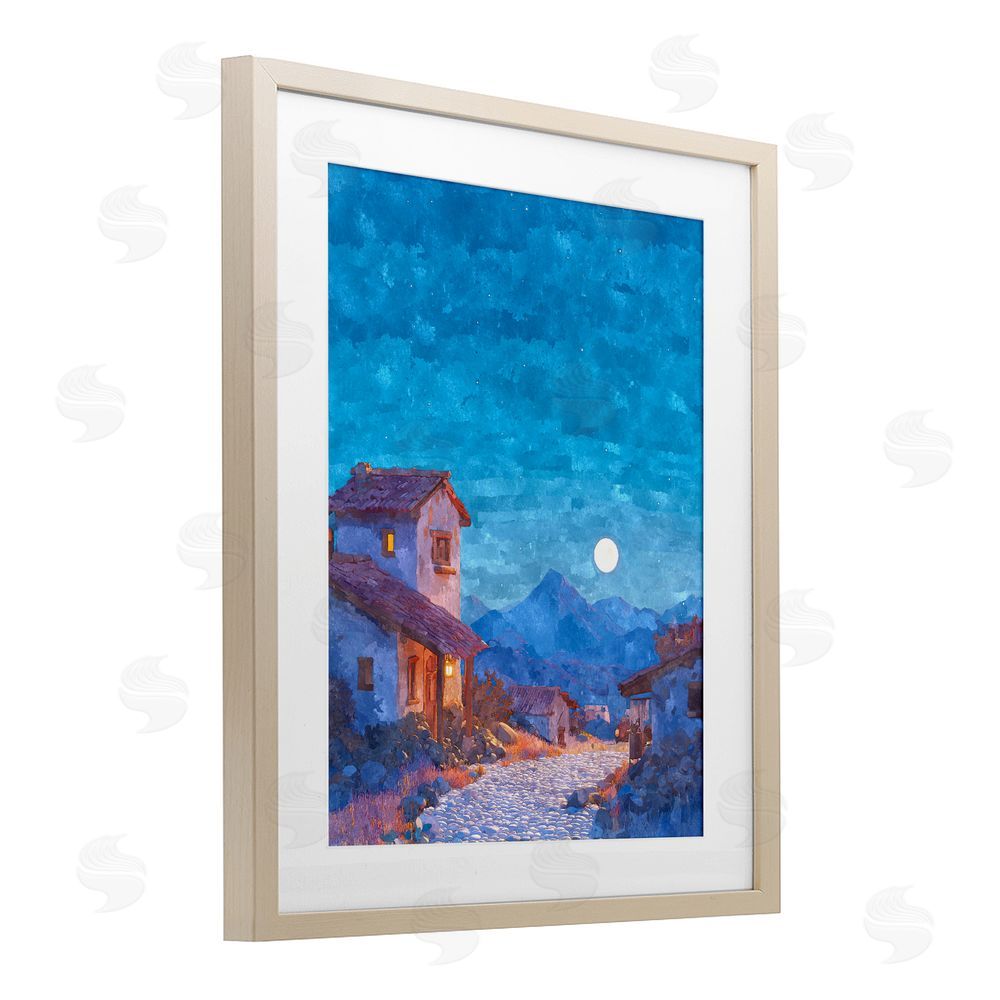 Ziwei Li Moon over Quiet Town Brown Framed Print Under Glass Wall Art