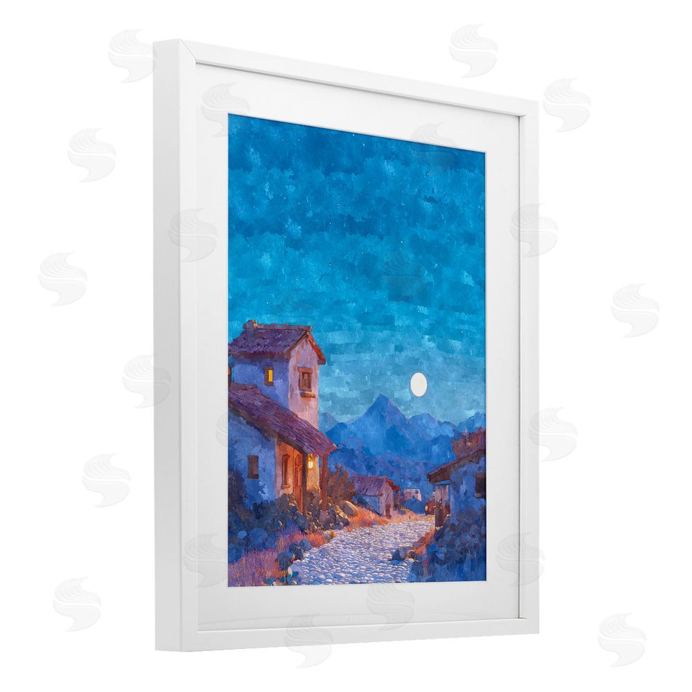 Ziwei Li Moon over Quiet Town White Framed Print Under Glass Wall Art