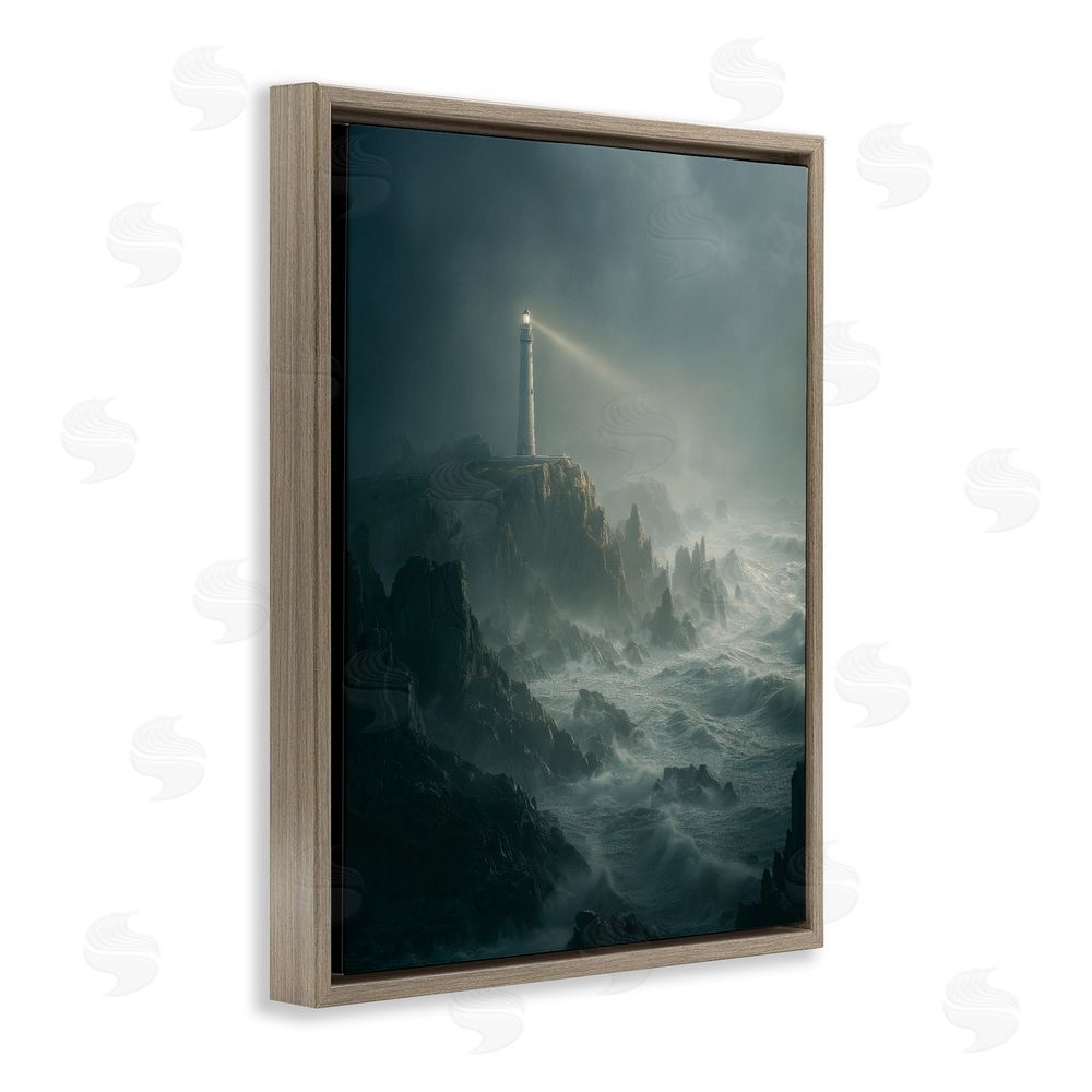 Ziwei Li Lighthouse and Stormy Cliff Brown Floating Frame Canvas Wall Art Print