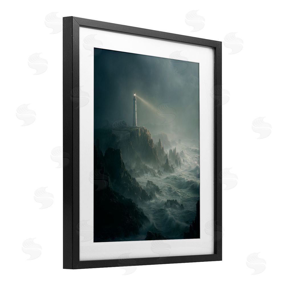 Ziwei Li Lighthouse and Stormy Cliff Black Framed Print Under Glass Wall Art
