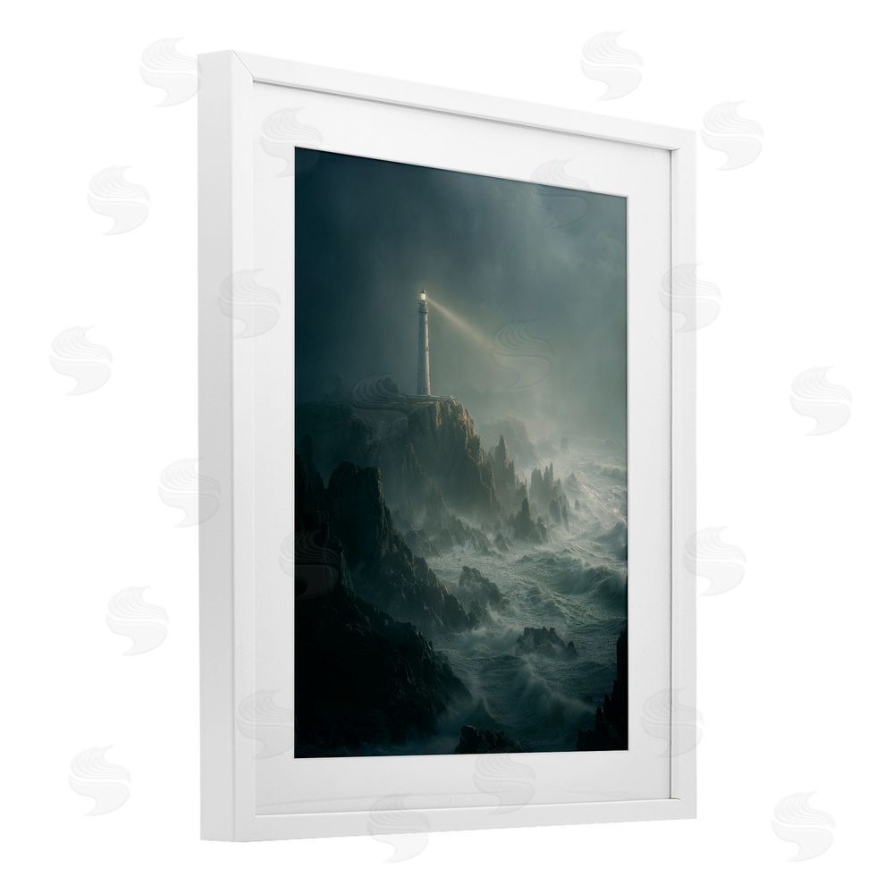 Ziwei Li Lighthouse and Stormy Cliff White Framed Print Under Glass Wall Art
