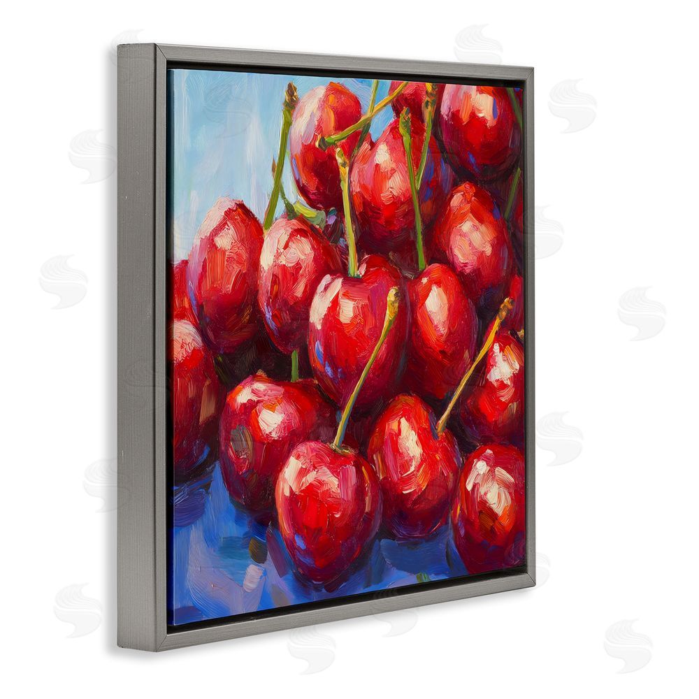 Petal Prints Design Luscious Red Cherries of Summer Gray Floating Framed Canvas Wall Art