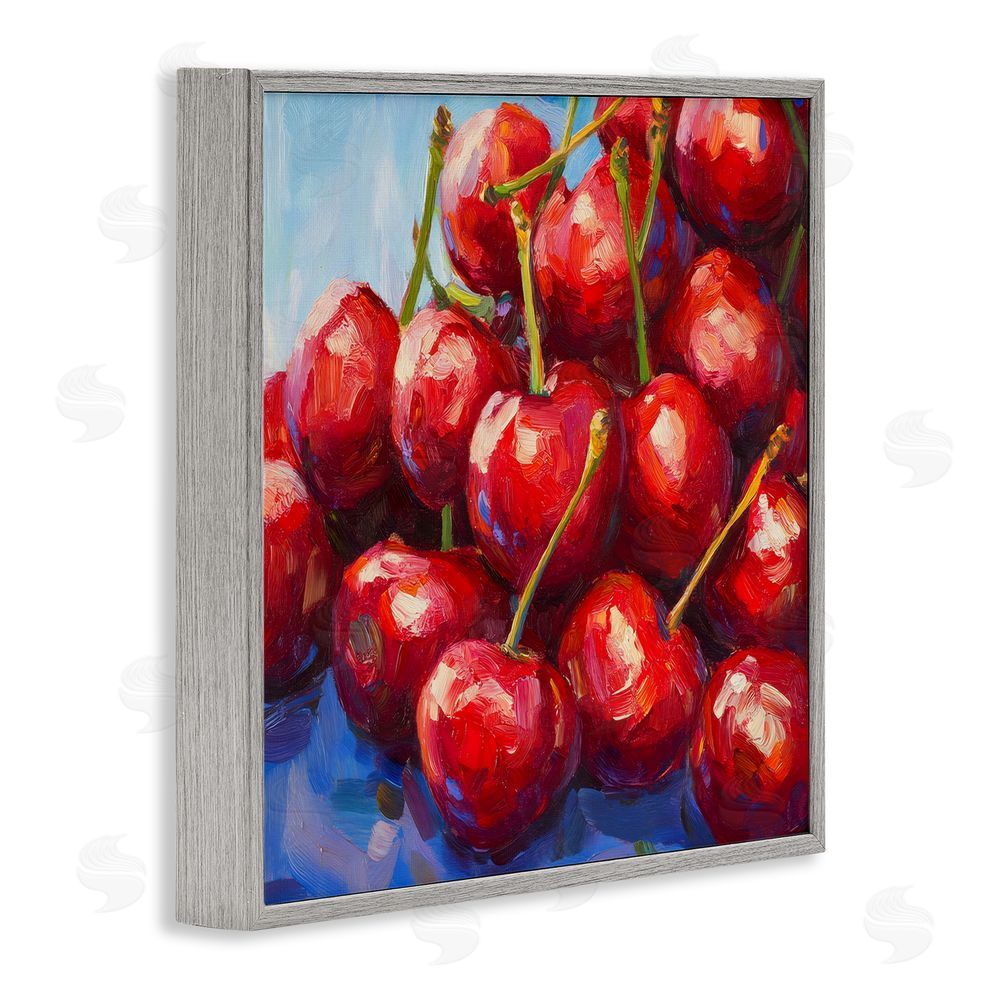 Petal Prints Design Luscious Red Cherries of Summer Gray Framed Giclee Wall Art