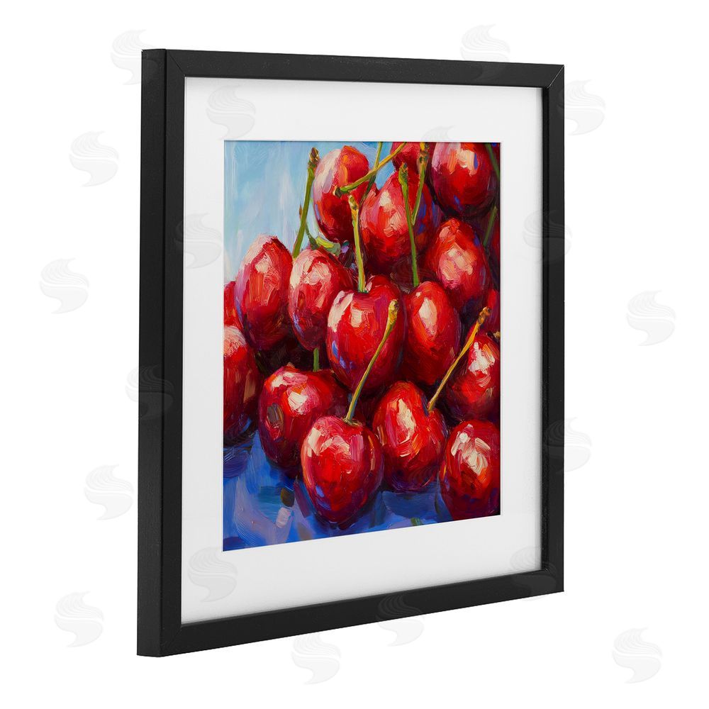 Petal Prints Design Luscious Red Cherries of Summer Black Framed Print Under Glass Wall Art