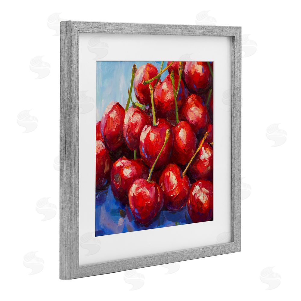 Petal Prints Design Luscious Red Cherries of Summer Gray Framed Print Under Glass Wall Art
