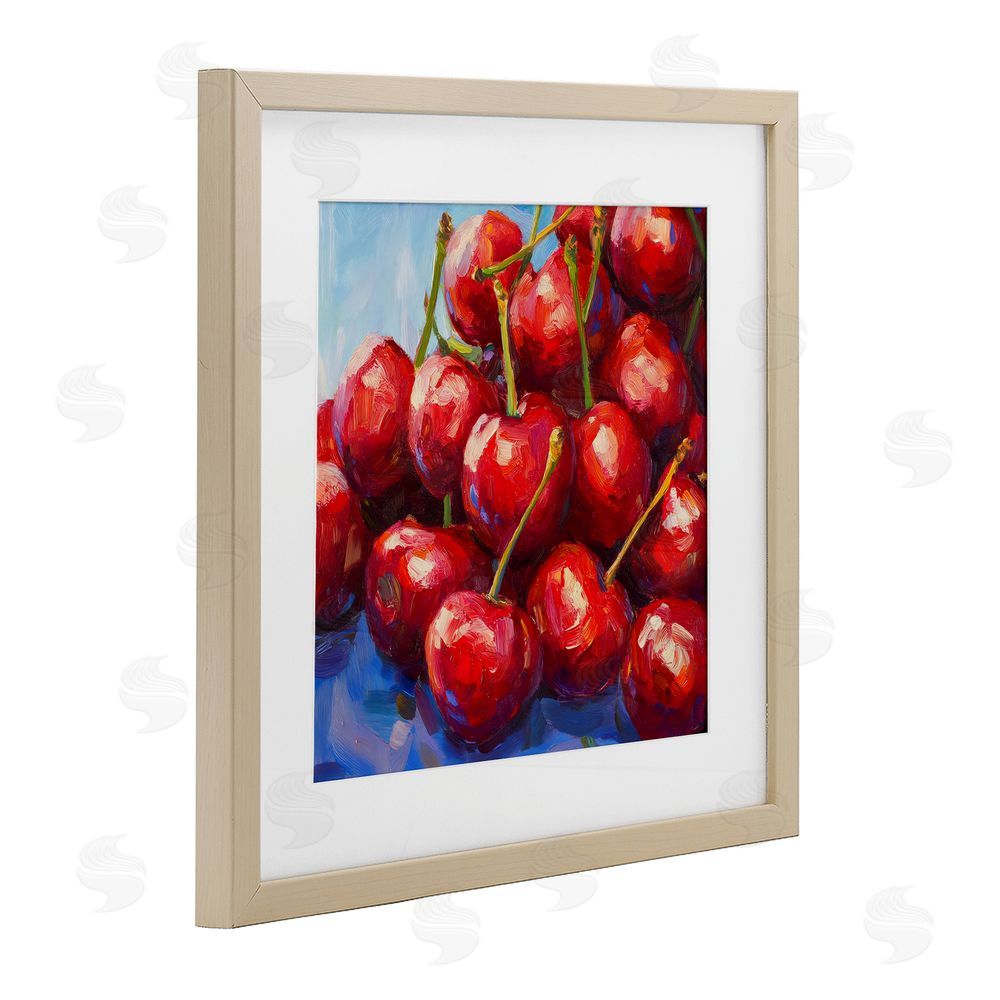 Petal Prints Design Luscious Red Cherries of Summer Brown Framed Print Under Glass Wall Art