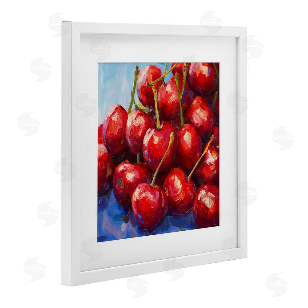 Petal Prints Design Luscious Red Cherries of Summer White Framed Print Under Glass Wall Art