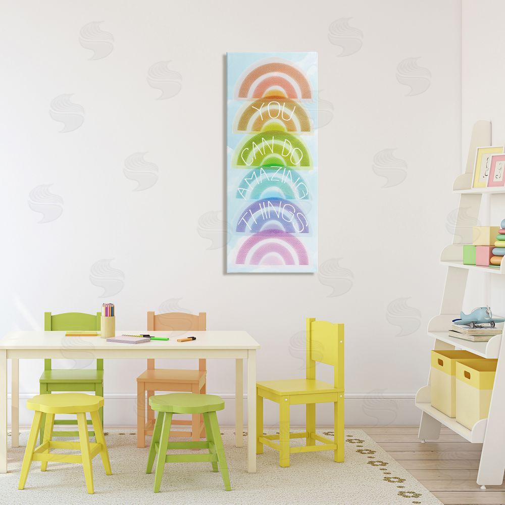 Stupell Studio Amazing Things Rainbow Encouragement Stretched Canvas Wall Art Print in Room