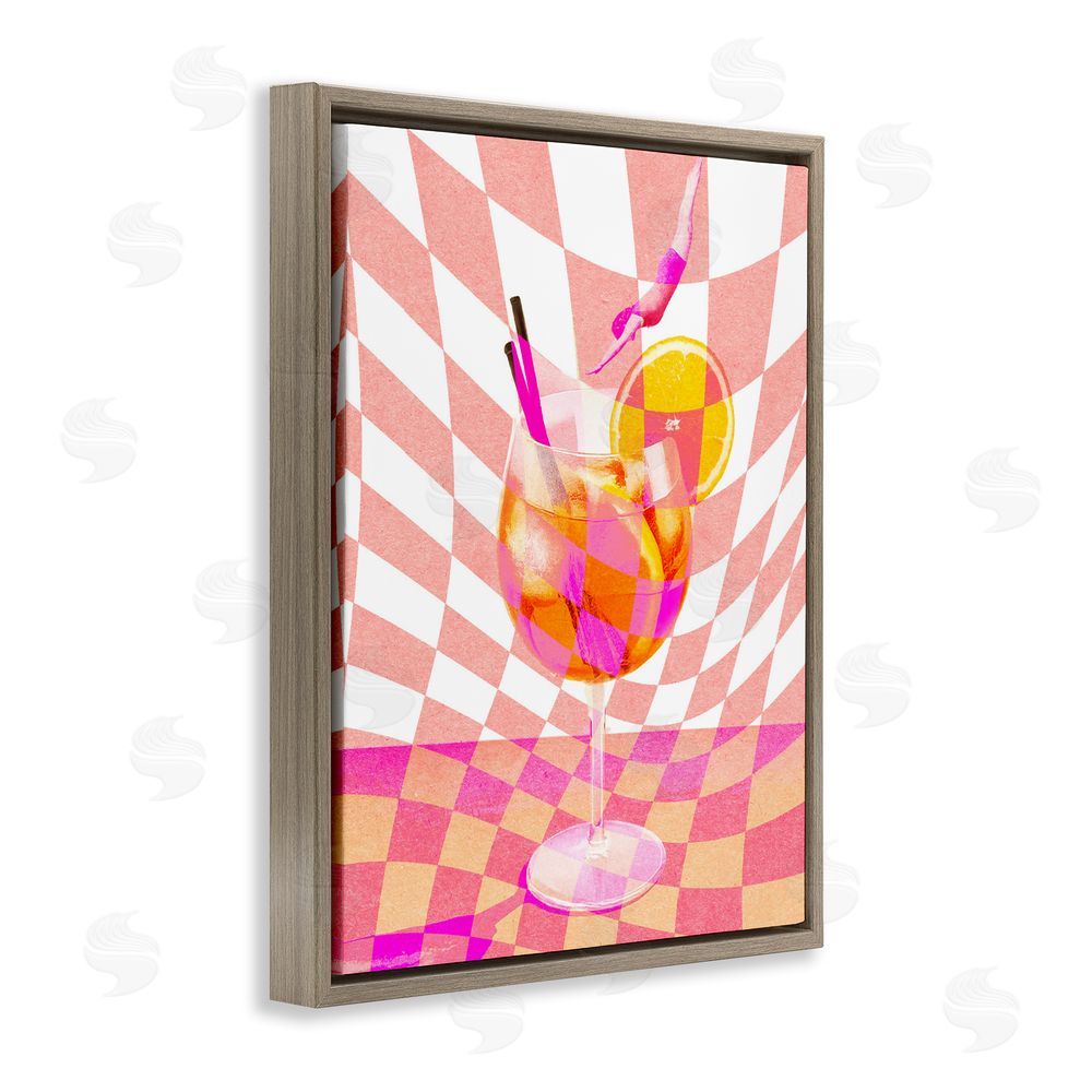 Stupell Studio Retro Checkered Summer Cocktail Brown Floating Frame Canvas Wall Art Print