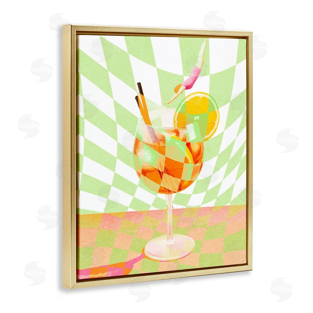 Stupell Studio Retro Swimmer Summer Cocktail Gold Floating Frame Canvas Wall Art Print