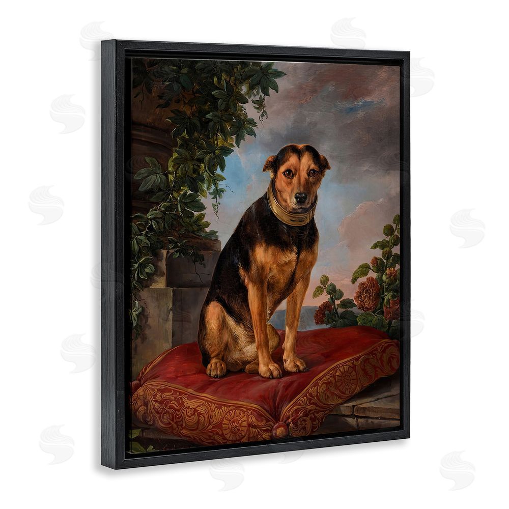 Lil' Rue Historical Dog on Cushion Black Floating Frame Canvas Wall Art Print