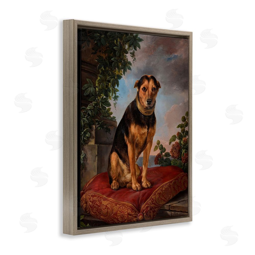 Lil' Rue Historical Dog on Cushion Brown Floating Frame Canvas Wall Art Print