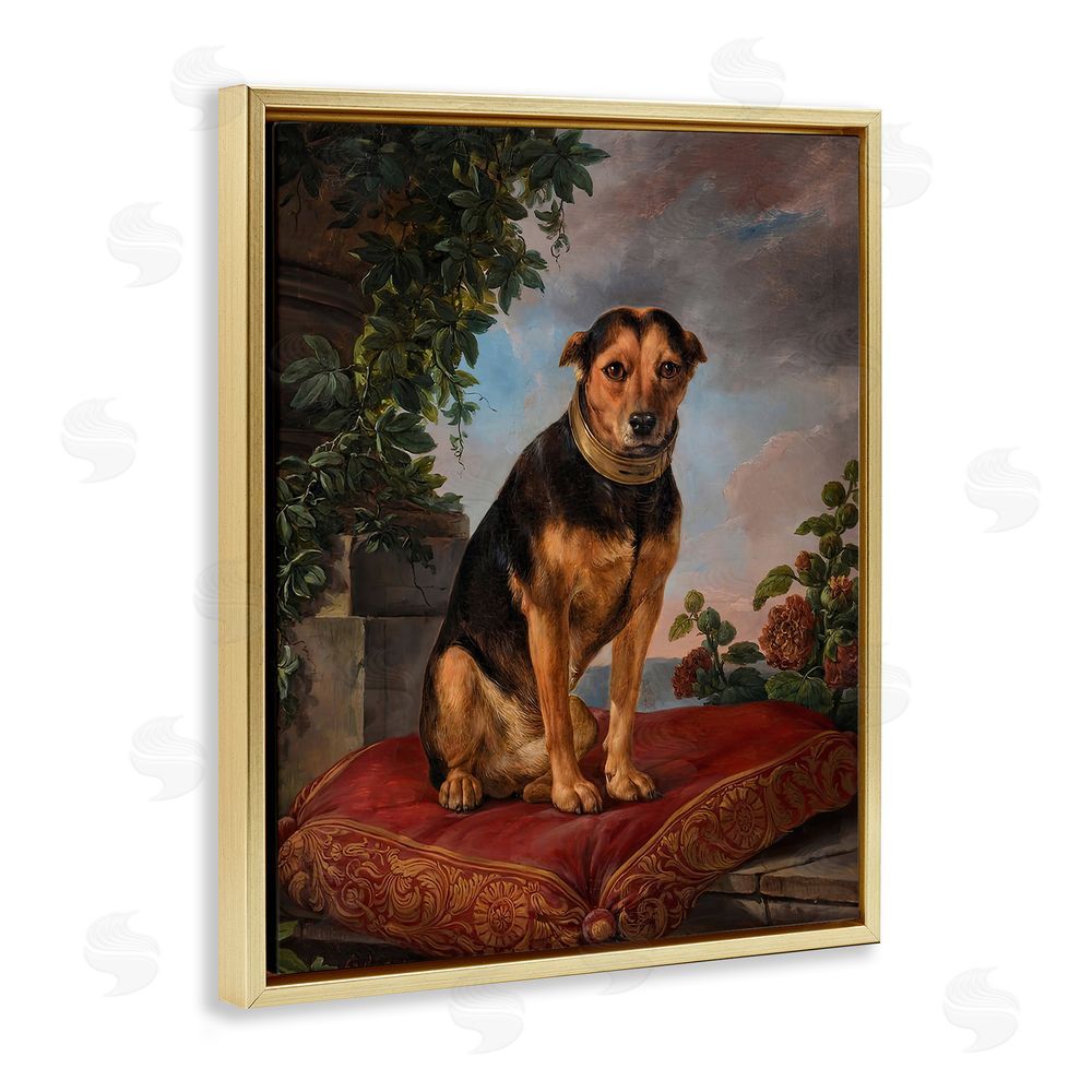 Lil' Rue Historical Dog on Cushion Gold Floating Frame Canvas Wall Art Print