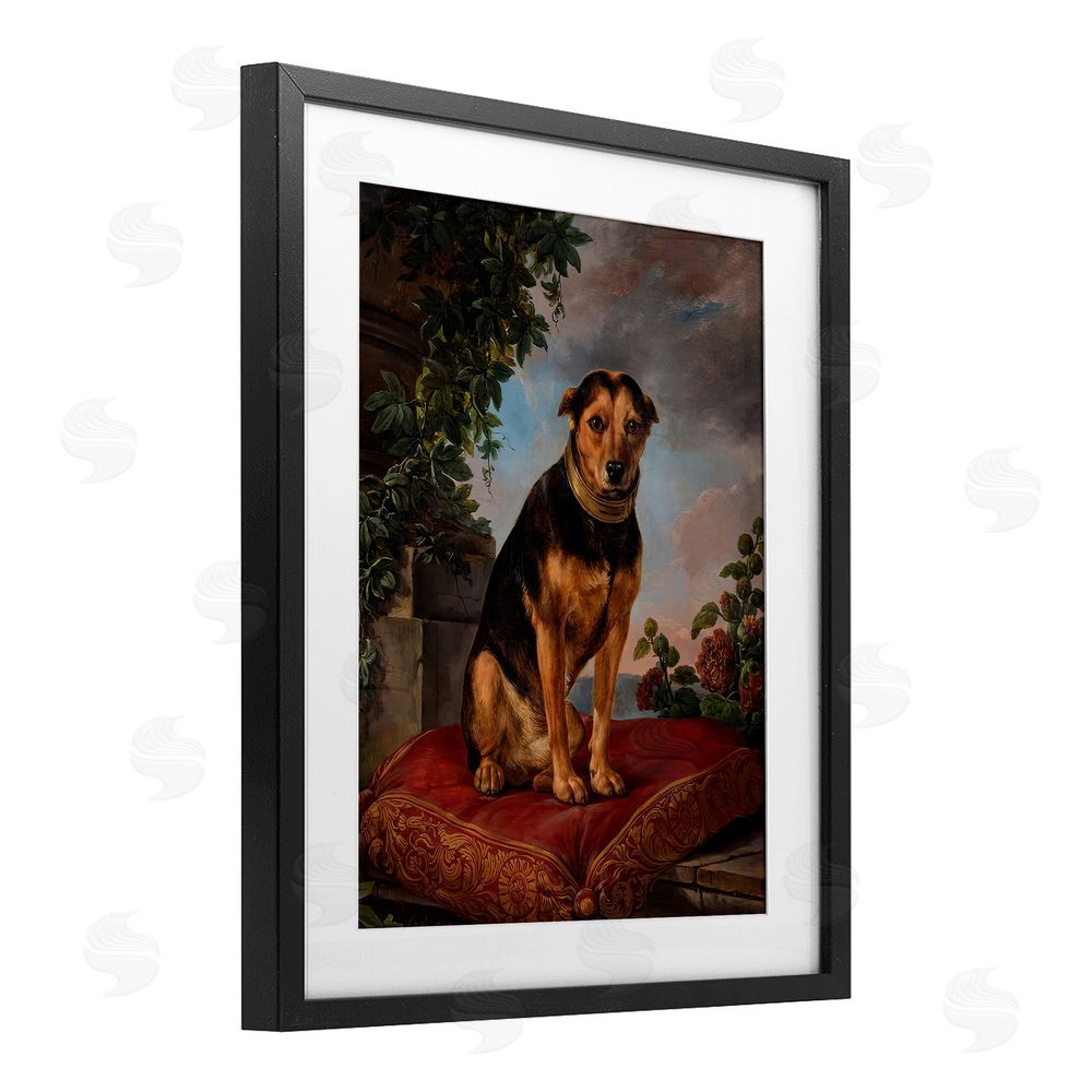 Lil' Rue Historical Dog on Cushion Black Framed Print Under Glass Wall Art