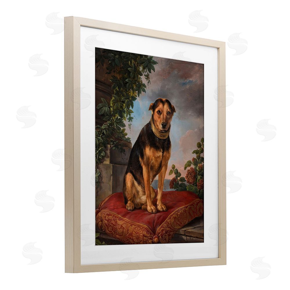 Lil' Rue Historical Dog on Cushion Brown Framed Print Under Glass Wall Art