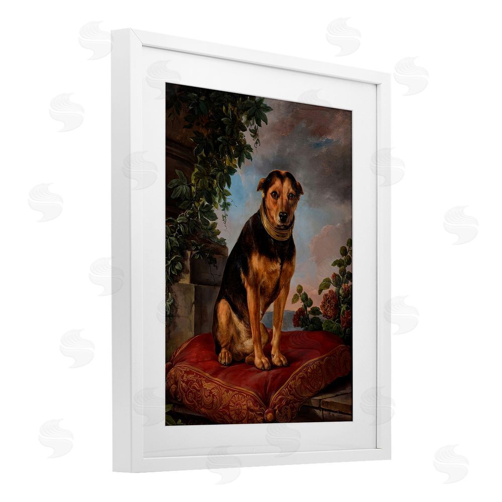 Lil' Rue Historical Dog on Cushion White Framed Print Under Glass Wall Art