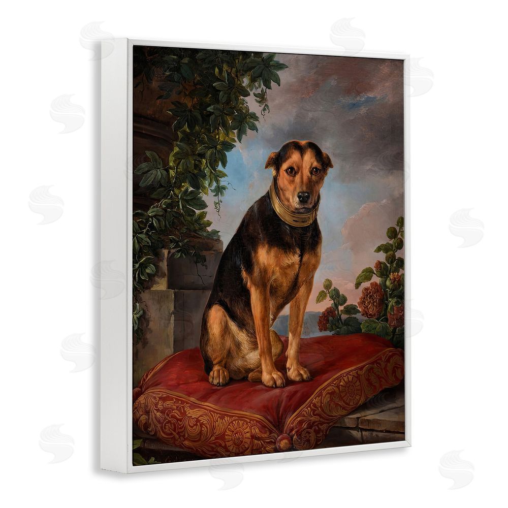 Lil' Rue Historical Dog on Cushion White Framed Giclee Wall Art Print