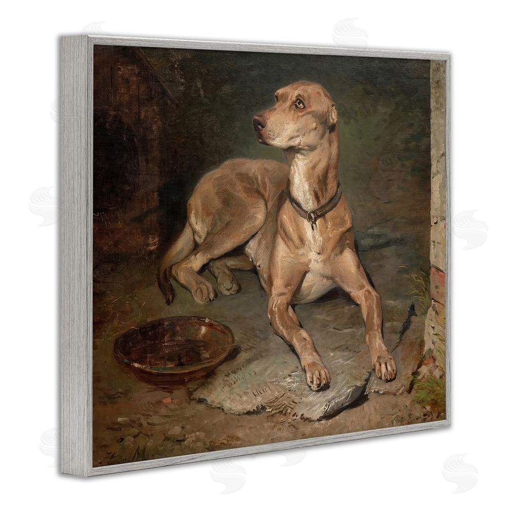 Lil' Rue Historical Dog & Bowl Gray Framed Giclee Wall Art Print