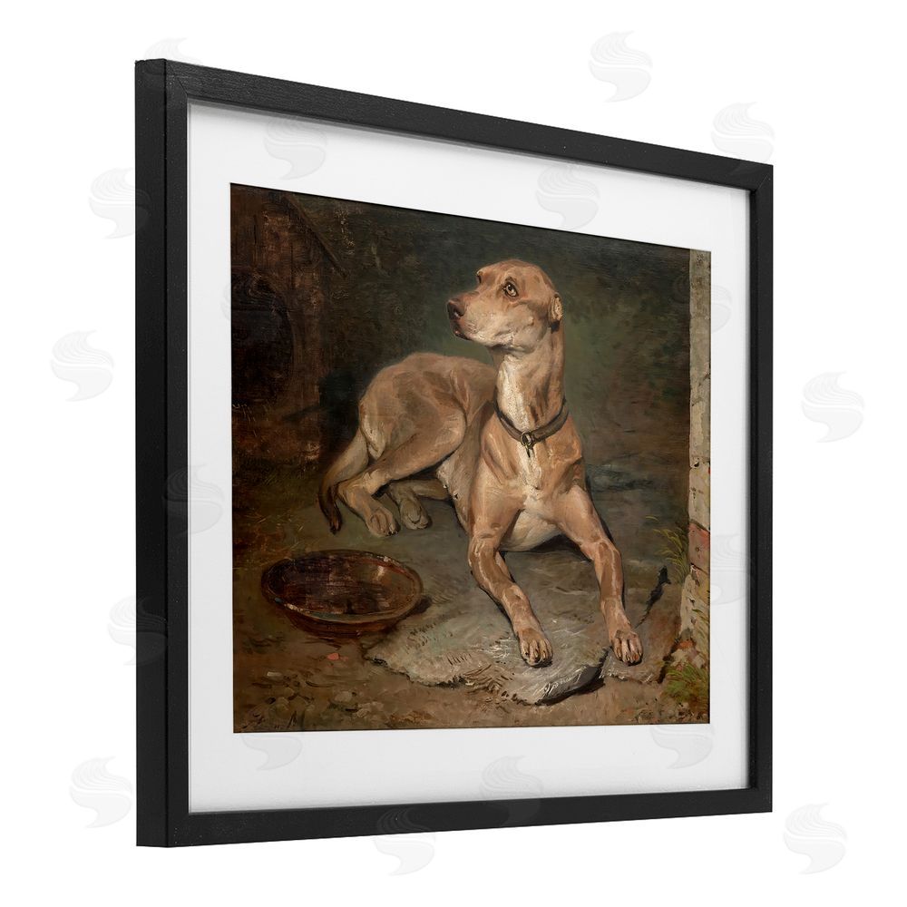 Lil' Rue Historical Dog & Bowl Black Framed Print Under Glass Wall Art