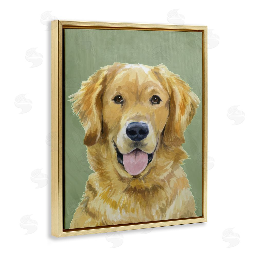 Lil' Rue Smiling Golden Retriever Portrait Gold Floating Framed Canvas Wall Art Print