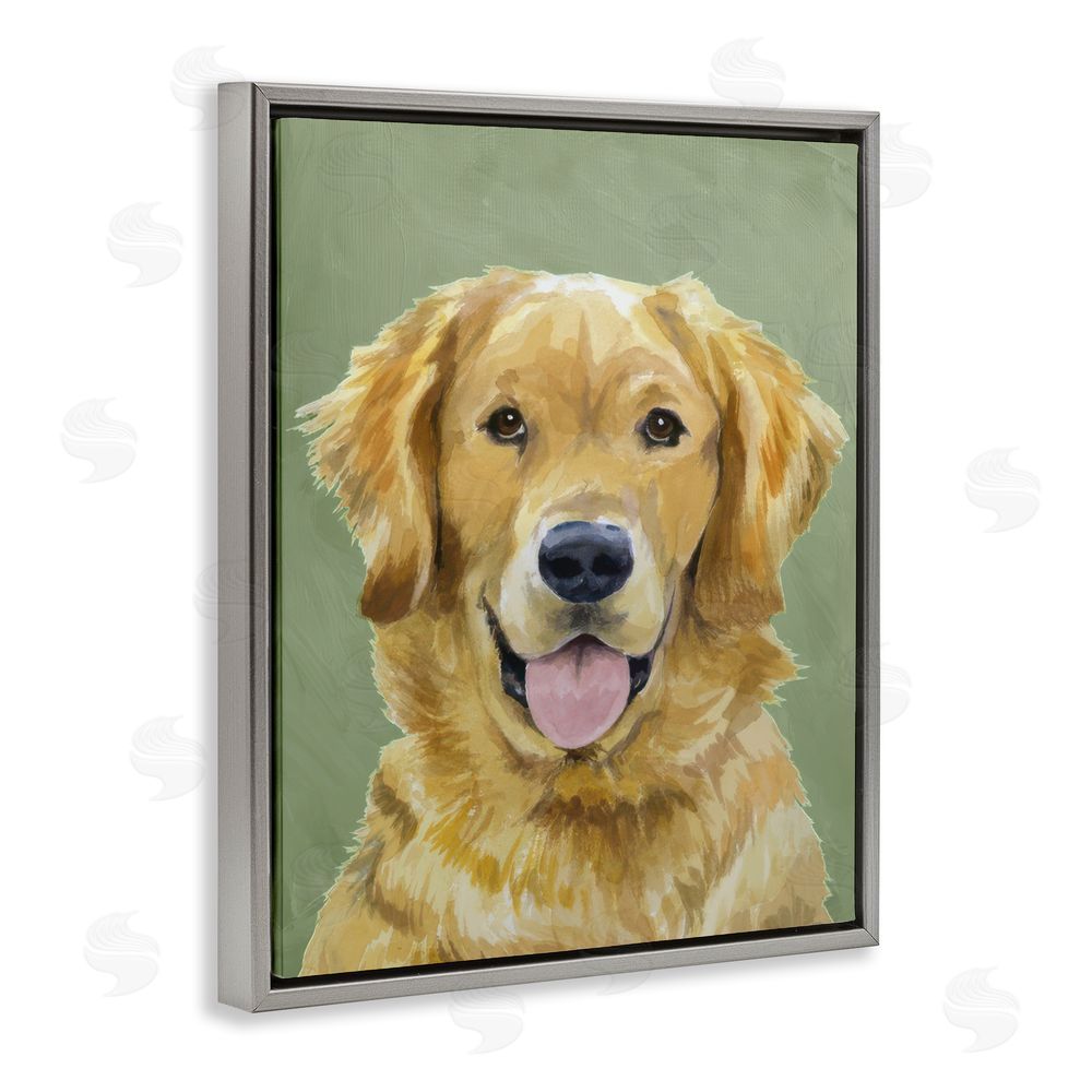 Lil' Rue Smiling Golden Retriever Portrait Gray Floating Framed Canvas Wall Art Print