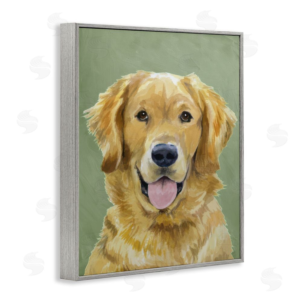 Lil' Rue Smiling Golden Retriever Portrait Gray Framed Giclee Wall Art Print