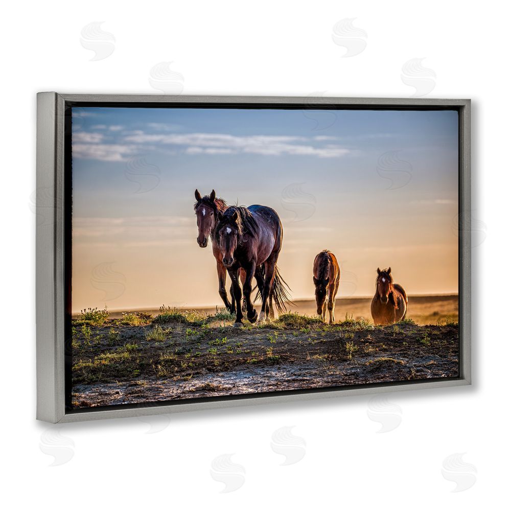 Tim West Horses Coming Home Gray Floating Frame Canvas Wall Art Print