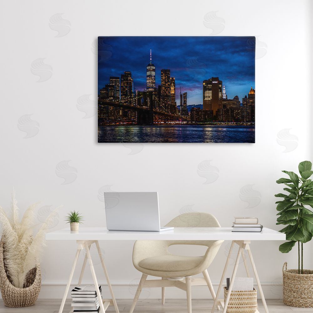Tim West Brooklyn Bridge at Night Stretched Canvas Wall Art in Room