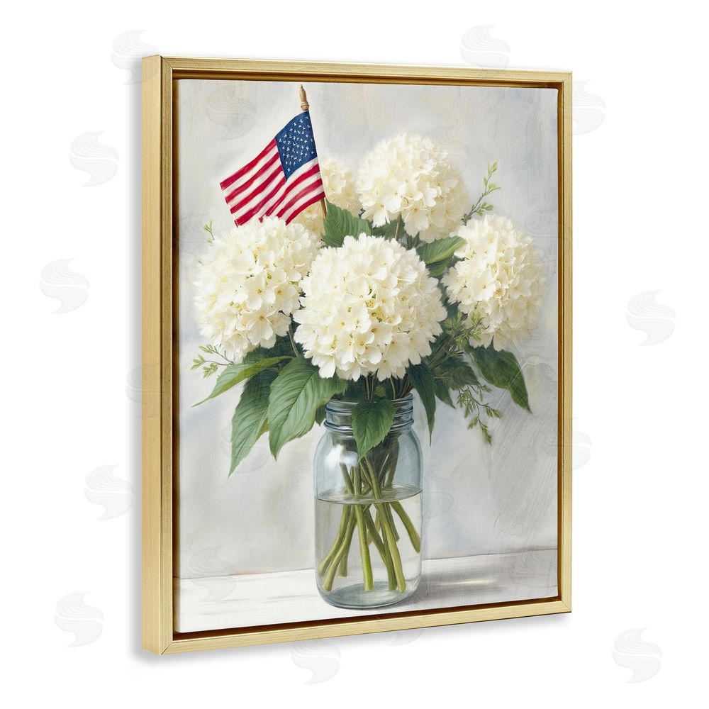 Kim Allen Festive Patriotic Hydrangea Gold Floating Frame Canvas Wall Art Print