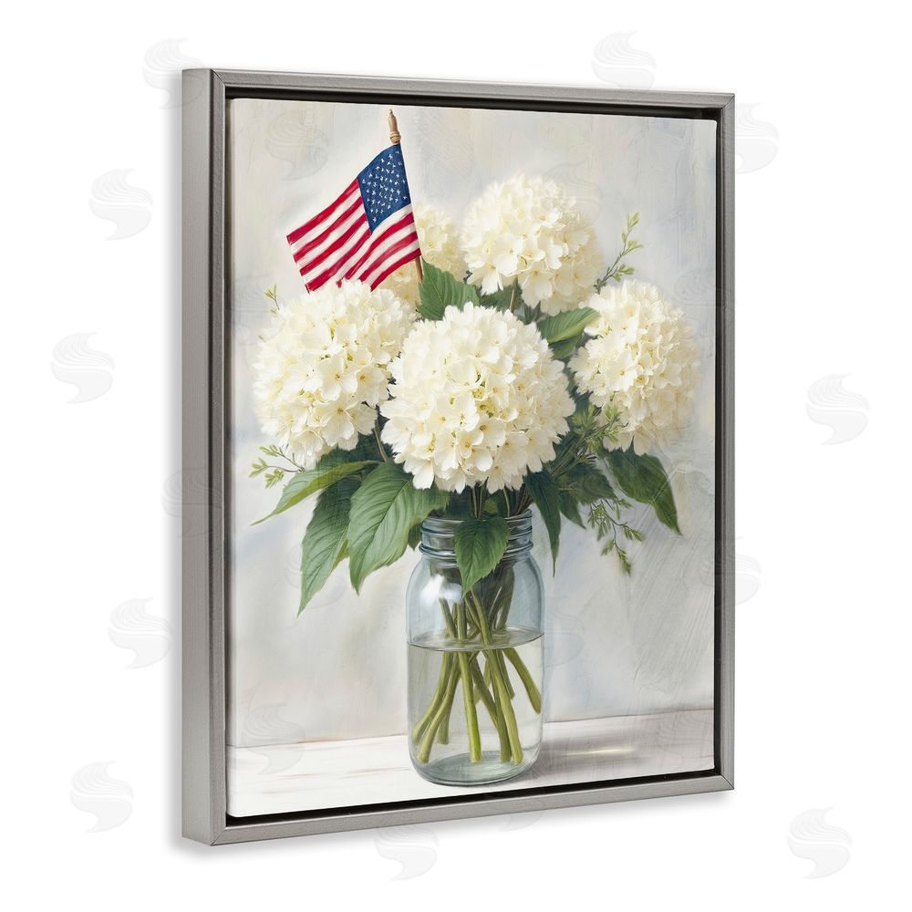 Kim Allen Festive Patriotic Hydrangea Gray Floating Frame Canvas Wall Art Print