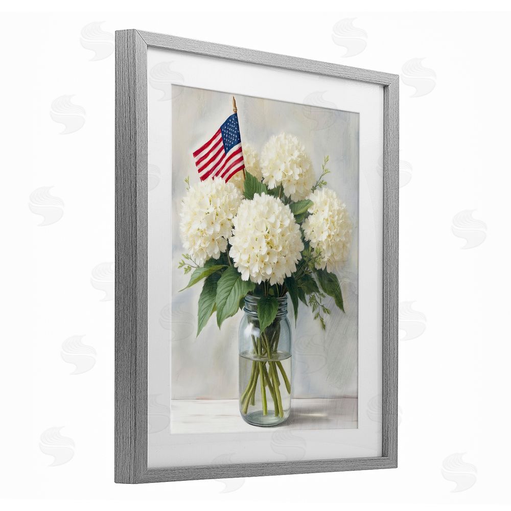 Kim Allen Festive Patriotic Hydrangea Gray Framed Print Under Glass Wall Art