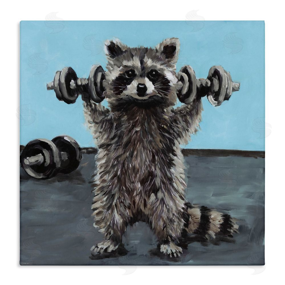 Studio Bautista Fitness Raccoon with Weights Stretched Canvas Wall Art Print