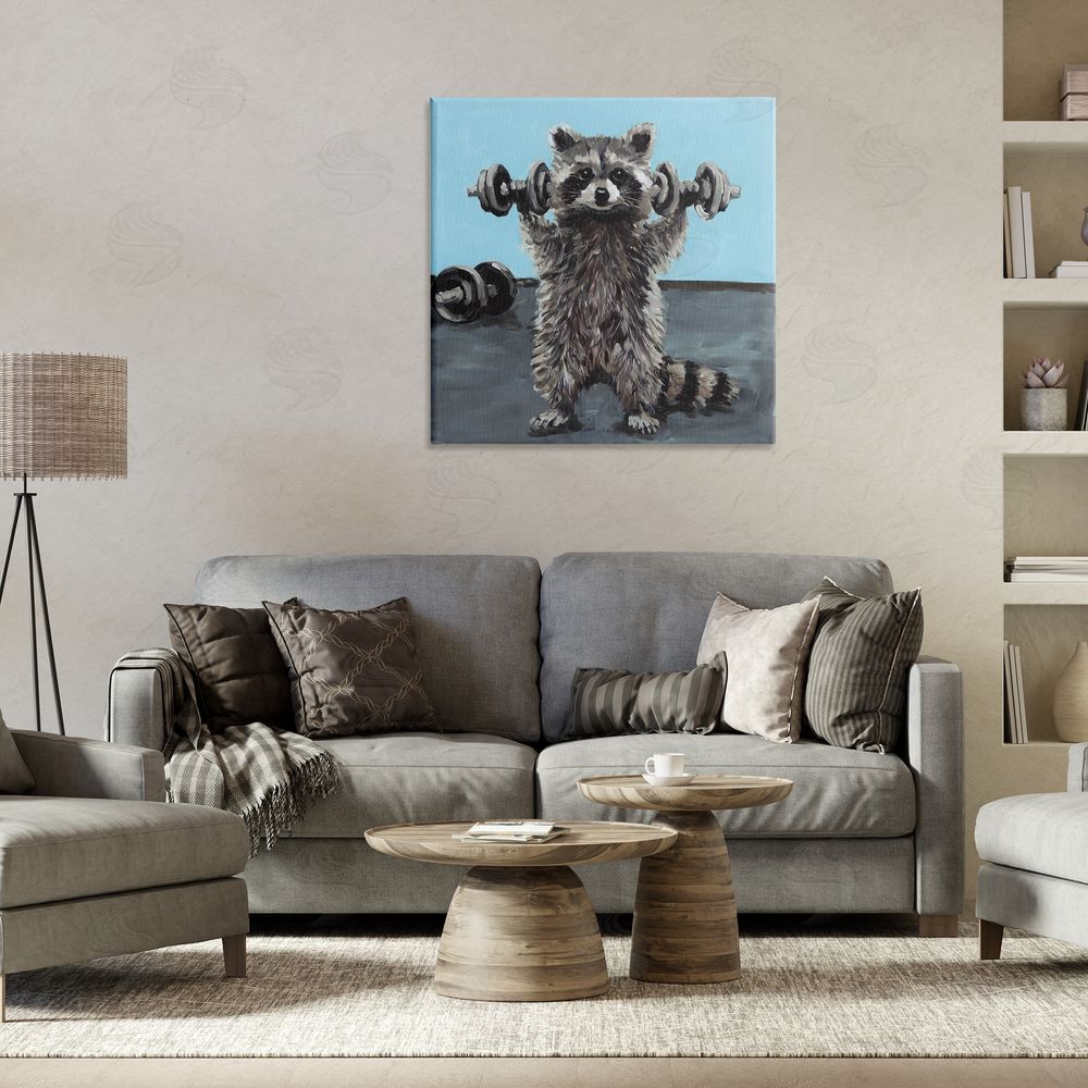 Studio Bautista Fitness Raccoon with Weights Stretched Canvas Wall Art Print in Room