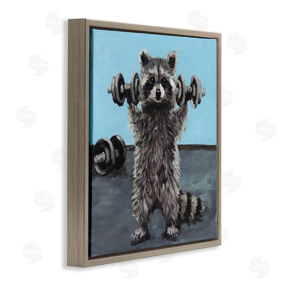 Studio Bautista Fitness Raccoon with Weights Brown Floating Frame Canvas Wall Art Print