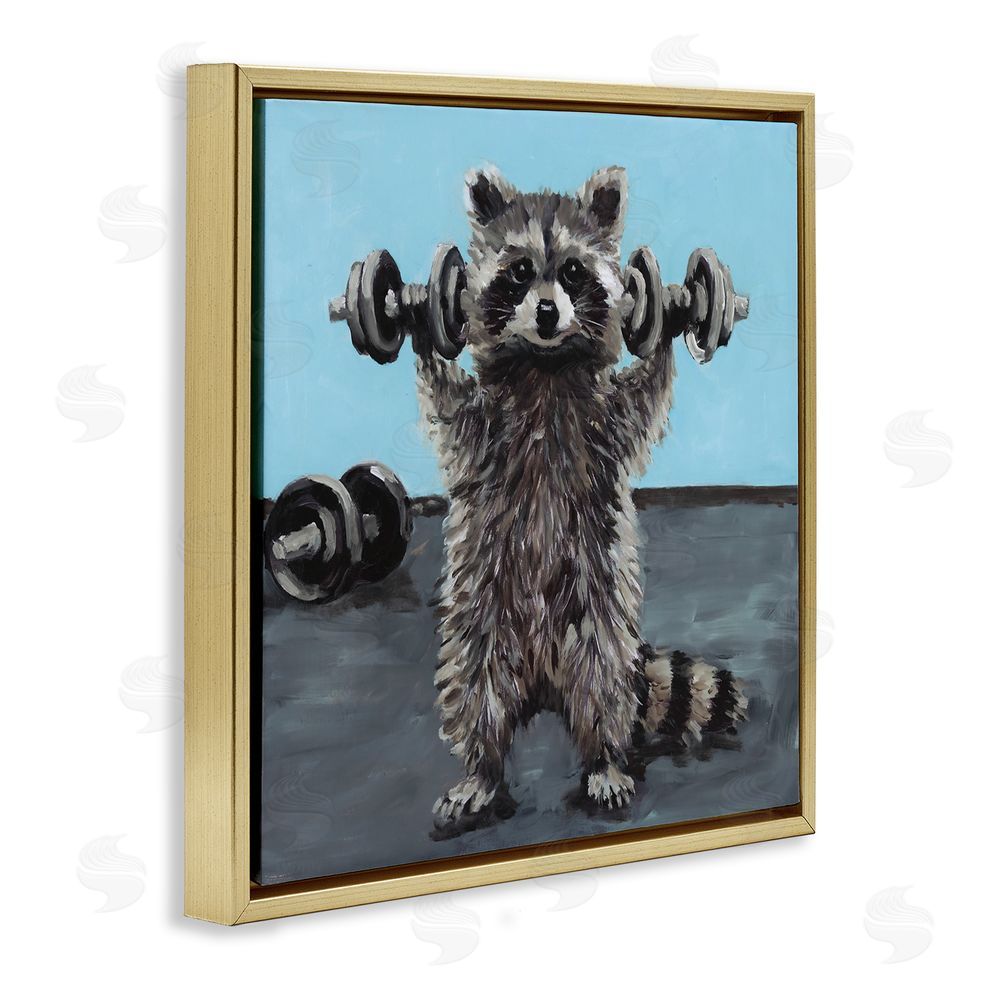 Studio Bautista Fitness Raccoon with Weights Gold Floating Frame Canvas Wall Art Print