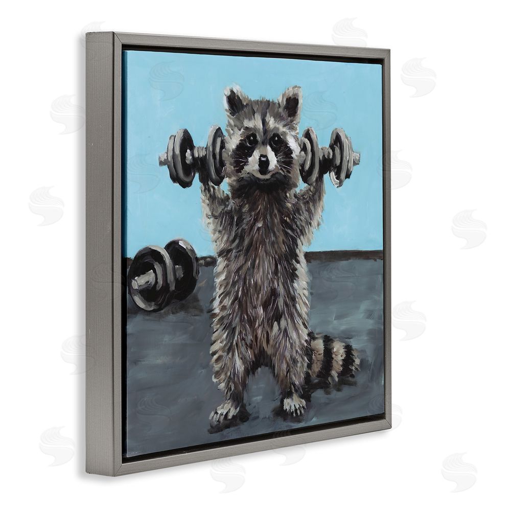 Studio Bautista Fitness Raccoon with Weights Gray Floating Frame Canvas Wall Art Print