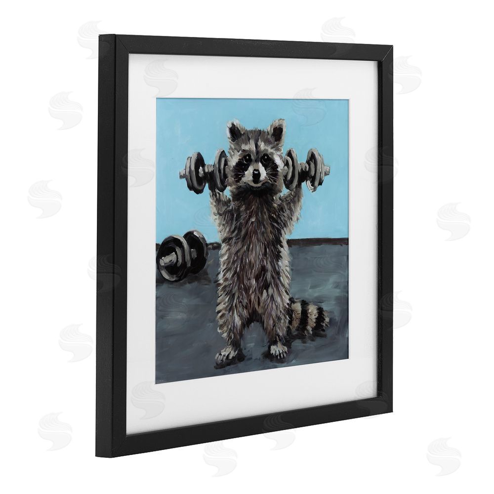 Studio Bautista Fitness Raccoon with Weights Black Framed Print Under Glass Wall Art
