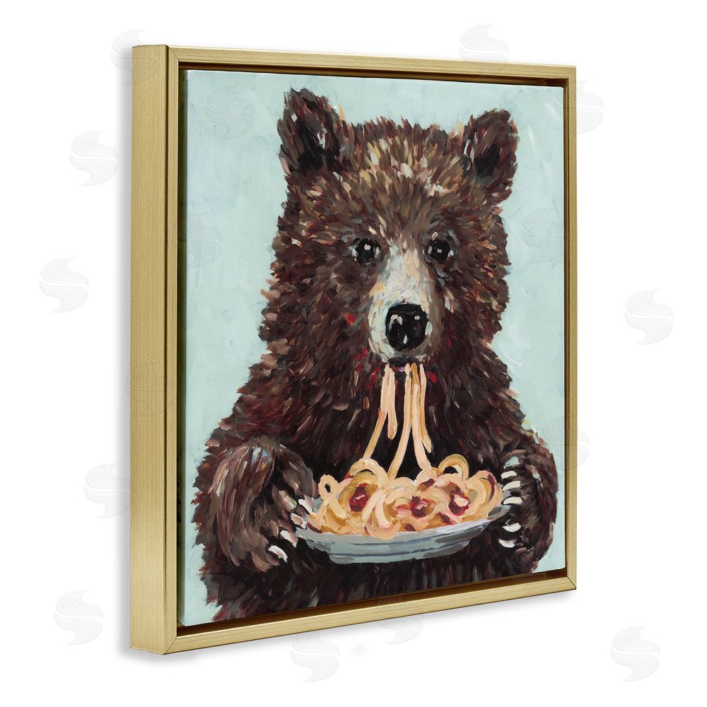 Studio Bautista Whimsical Bear & Spaghetti Gold Floating Frame Canvas Wall Art Print